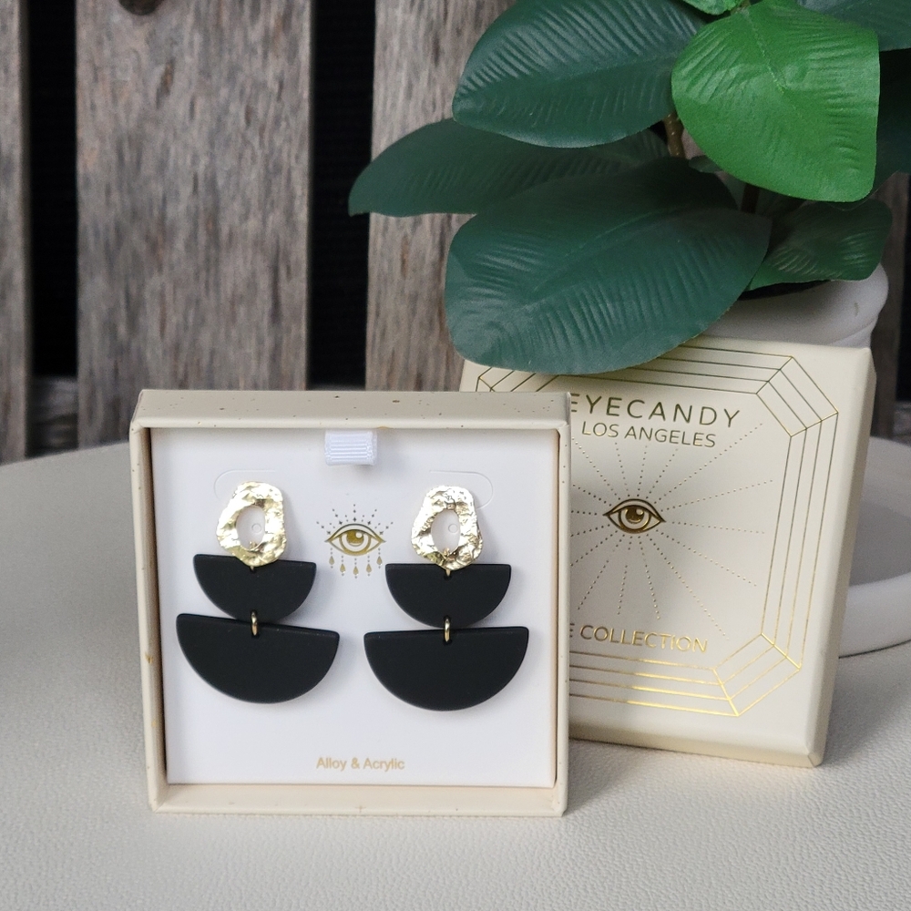 Eye Candy alloy & black acrylic semi circle dangle brass post back earrings - Picture 4 of 6